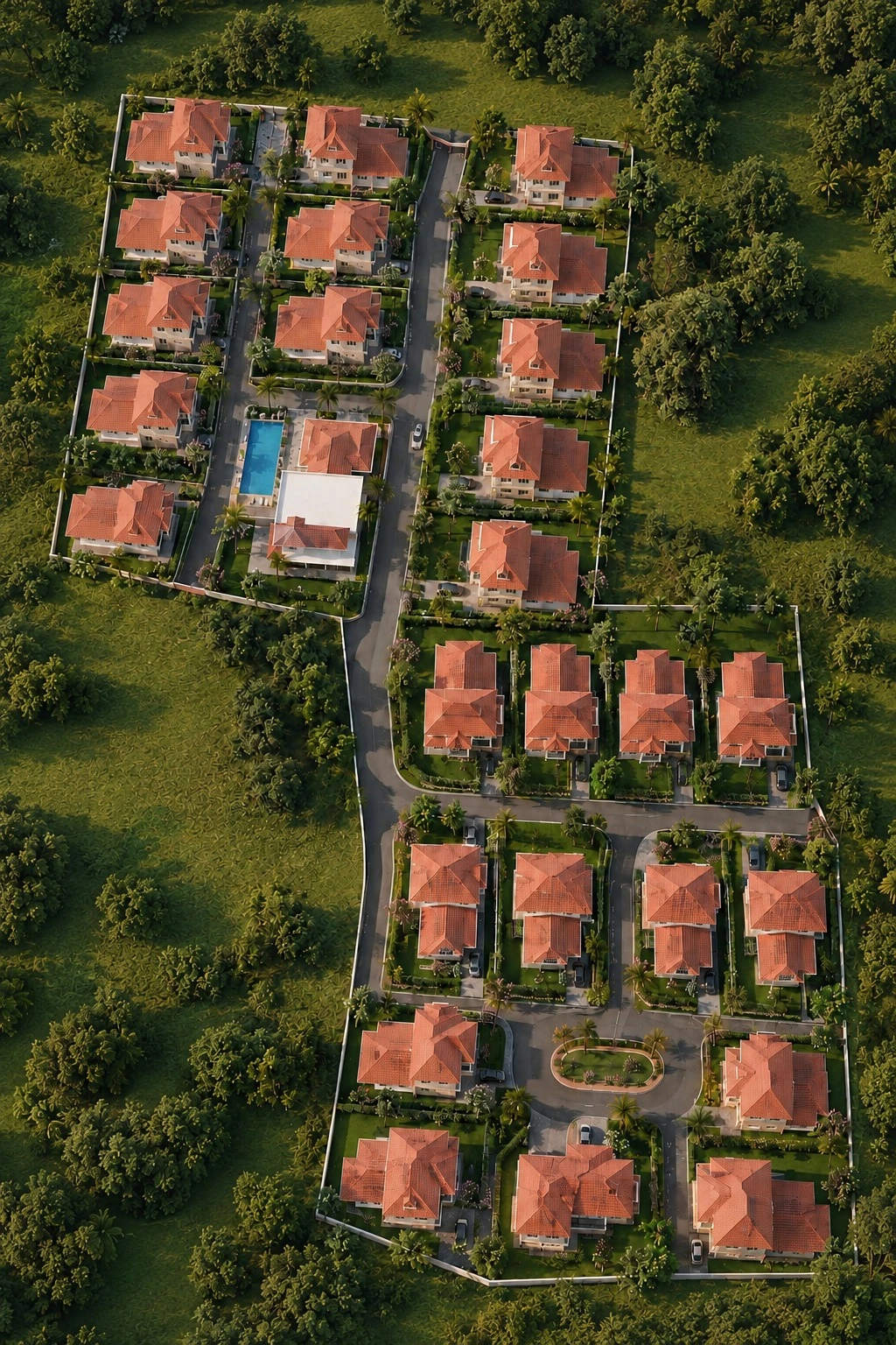 Aerial view of the Grace Meadows gated villa community layout