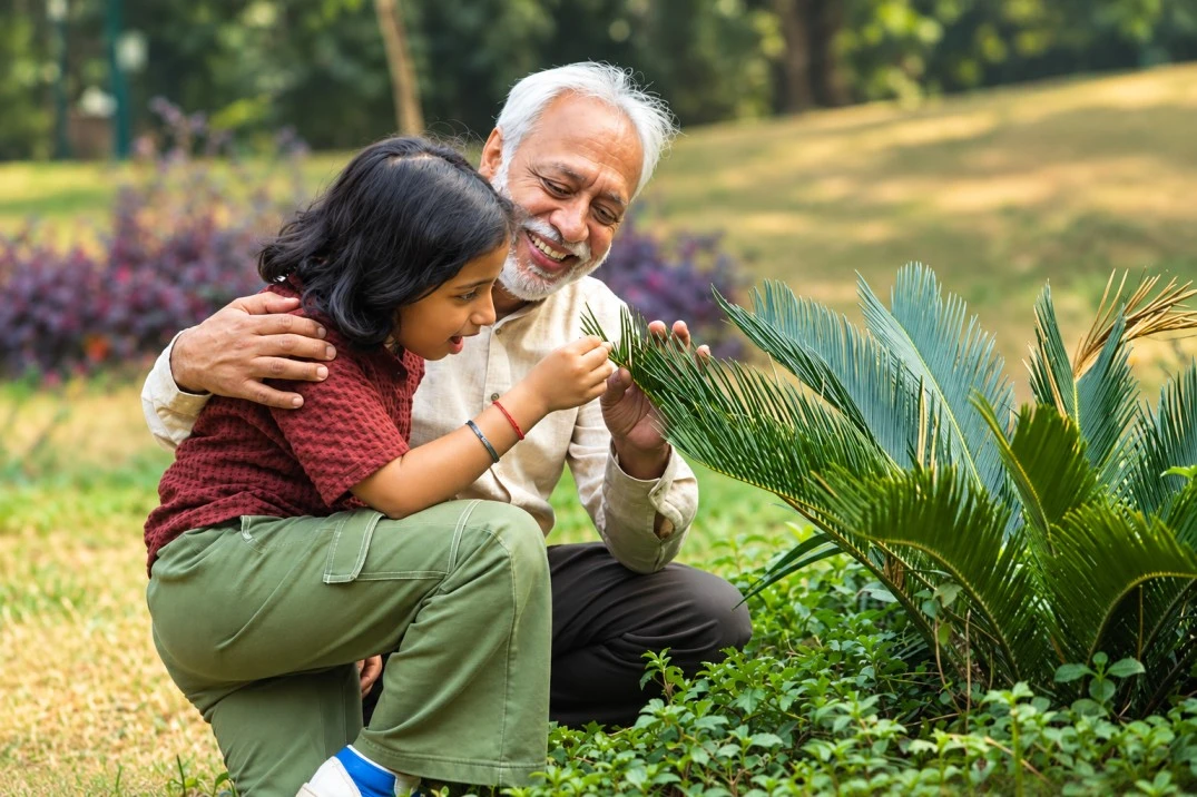 Residents gathered in a shaded garden seating area at Grace Meadows