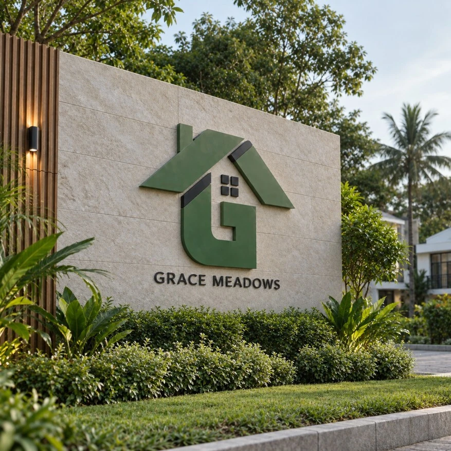 Detail of a tiled Kerala roofline and palm trees at Grace Meadows