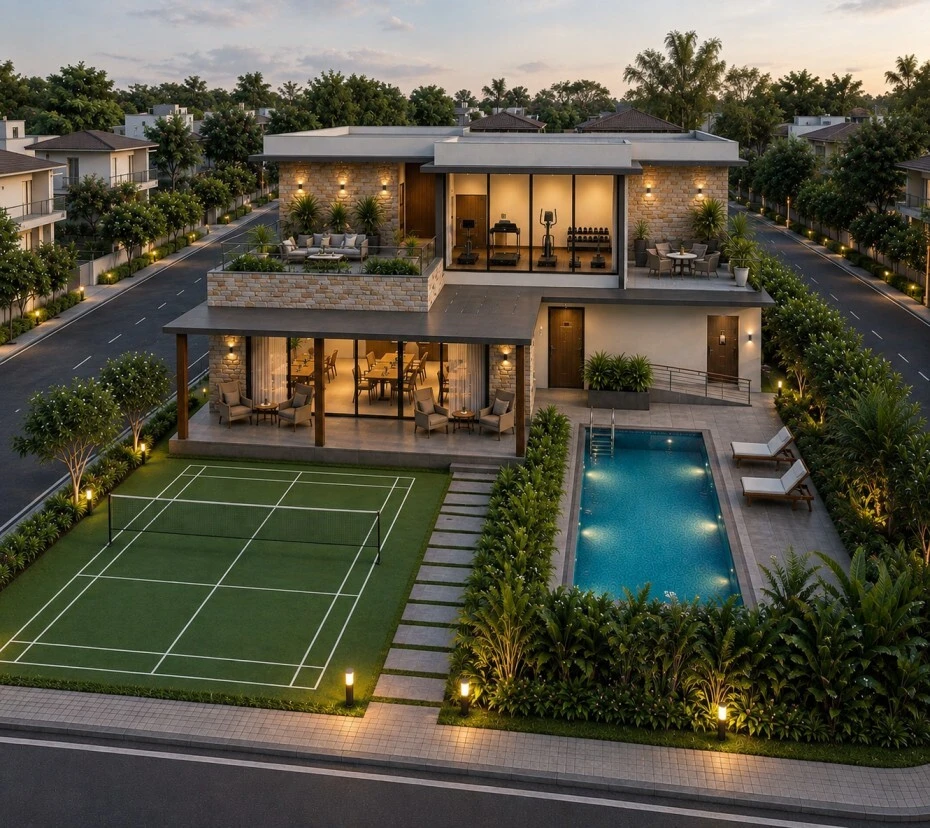 Landscaped garden pathway winding past a red-roofed pavilion surrounded by lush tropical greenery at Grace Meadows